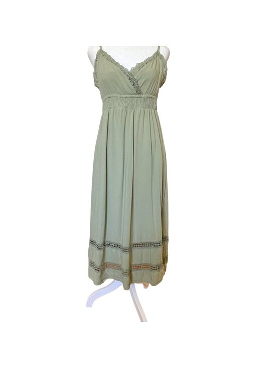 Sim & Sam Dresses & Skirts - Sim & Sam Womens Sz M Maxi Dress Sage Green Crochet Smocked Forest Fairy Earthy